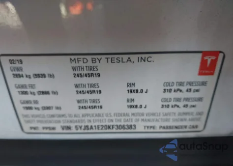 2019 Tesla Model S 100D/75D/Long Range/Standard Range из США, поврежденный, VIN 5YJSA1E20KF306383
